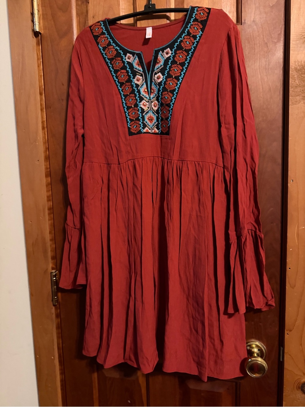 Signature LA Embroidered Rust Long-Sleeve Boho Dress